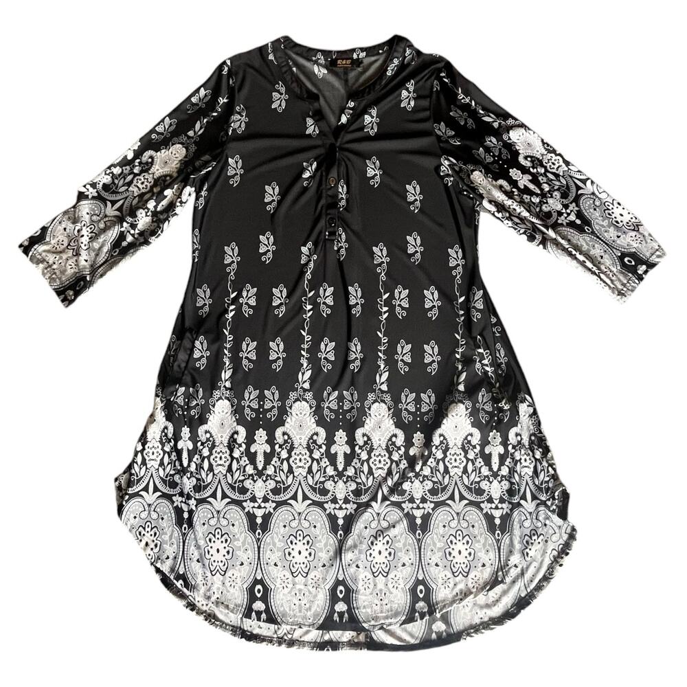R & B Collection DRESS Women's XL Long Sleeve French Paisley Black Gray White V